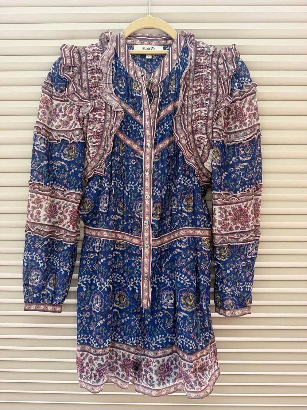 Sea Navy and Pink Floral Ruffle-Trim Long-Sleeve Tunic Dress